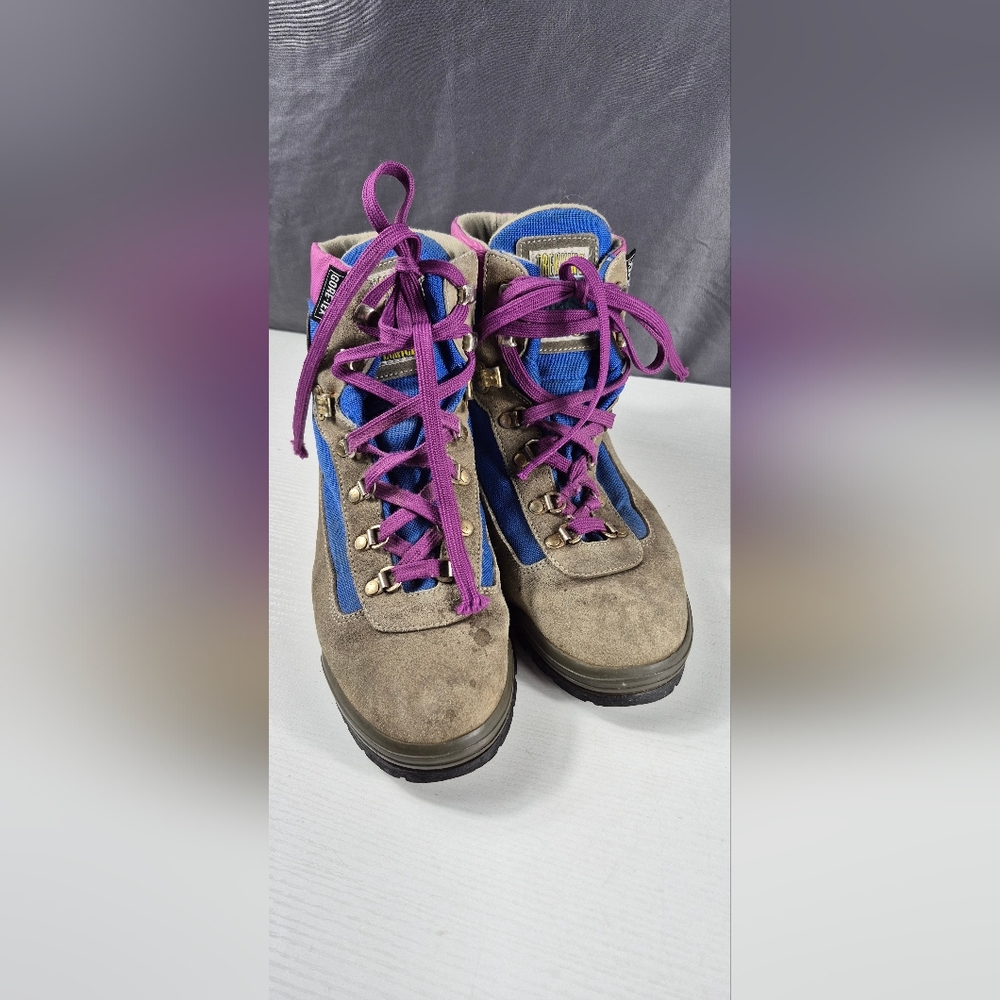 Tecnica Brown Suede Hiking Boots with Blue Panels and Purple Laces